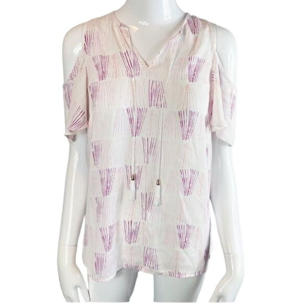 Ivanka Trump White & Pink Cold Shoulder V-Neck Chiffon Blouse Size Small